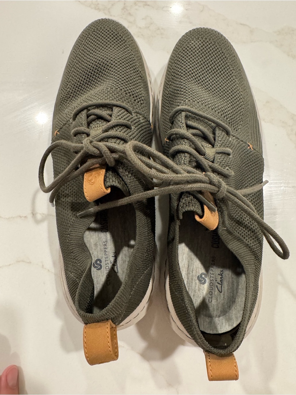 Clarks Olive Knit Lace-Up Sneakers with Tan Pull Tabs